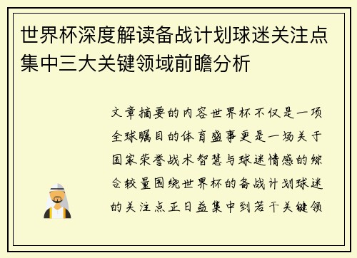 世界杯深度解读备战计划球迷关注点集中三大关键领域前瞻分析